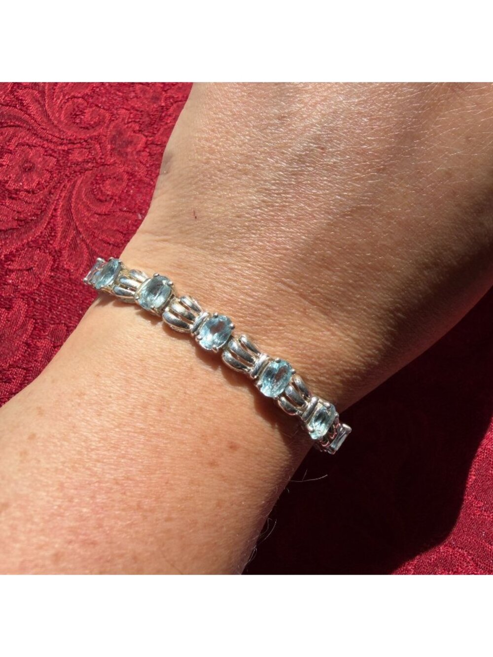Vintage 925 Sterling Silver Blue Topaz Tennis Bracelet Oval Art Deco Revival 8"